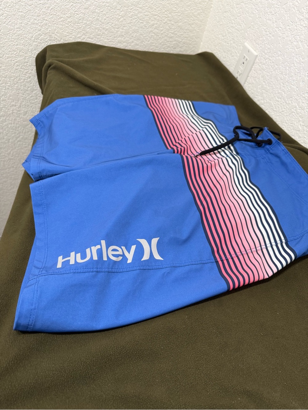 Hurley Blue Swim Board Shorts with Pink & White Stripe Accents